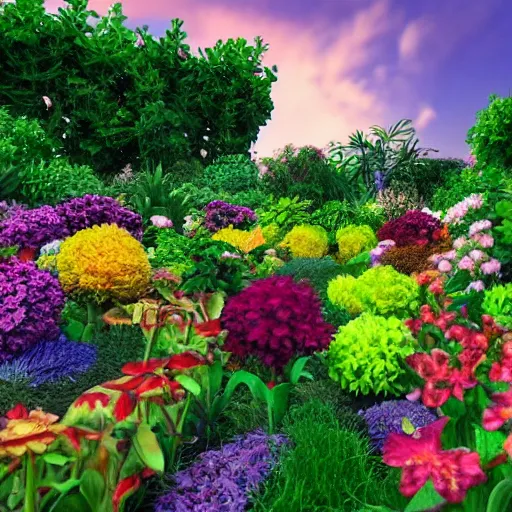 Image similar to A beautiful (((garden))), with a variety of (((colorful))) flowers and ((lush)) green (plants), set against a backdrop of a stunning sunset, trending on artstation, artstationHD, artstationHQ, photorealistic imagery, 3D art, 4k, 8k