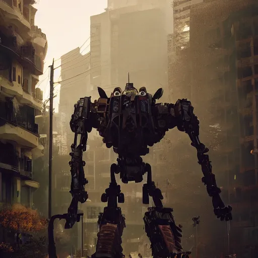 Prompt: six feet tall mech fighting in an urban environment, gaudi, by ismail inceoglu, octane render, by weta digital, cinematic lighting, bump mapped, lumen reflections, action scene screenshot, epic scale, trending on artstation