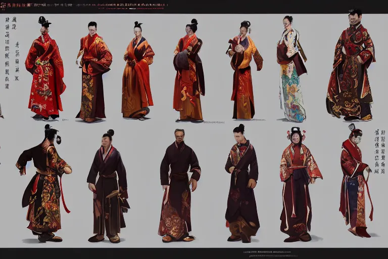 Image similar to Character design sheet of traditional chinese costumes, cinematic lighting, dramatic atmosphere, by Craig Mullins, 4k resolution, trending on artstation