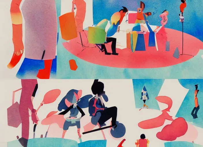 Prompt: studies of the protagonist by masaaki yuasa, pleasing palette watercolor and mixed media shape design