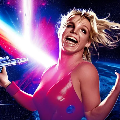 Image similar to of a dynamic movie poster of britney spears as a hero sci fi space cosmonaut holding a raygun in a nice action pose, there is an explosion on the background of a space station blowing britney's hair and lighting her with a rim light, she is laughing, f 2. 8, advertising studio lighting,