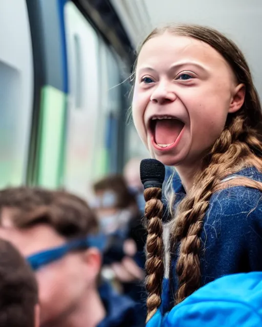 Prompt: film still close - up shot of greta thunberg giving a speech in a crowded train station eating pizza, smiling, the sun is shining. photographic, photography