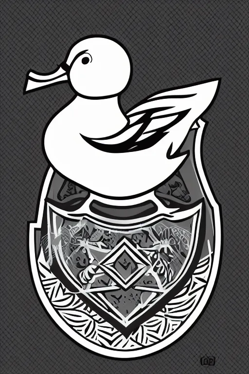 Image similar to a vector based illustration about a duck that is a knight in the style of die cut sticker, negative space is mandatory, no gradients, black ink on white background, smooth curves, vector spline curve style