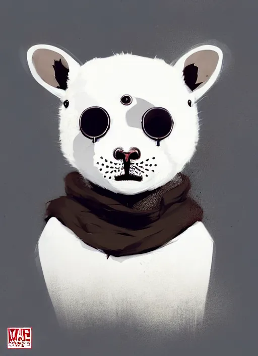 Image similar to graffiti tag mural of a cute white baby seal pup with an eyepatch by atey ghailan, by greg rutkowski, by greg tocchini, by james gilleard, by joe fenton, by kaethe butcher, by yoji shinkawa, gradient blue, black, brown and white color scheme muted tones, grunge aesthetic!!! white graffiti tag wall background