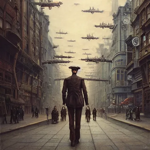 Prompt: a hyperrealistic painting of a steampunk airship pilot standing in the street of a bustling city, blue skies, by john kenn mortensen and zdzislaw beksinski, highly detailed, vivid color,