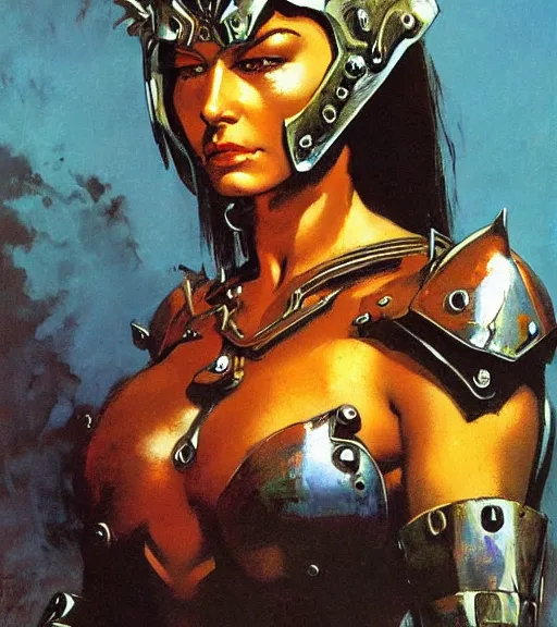 Prompt: portrait of strong female chaos angel, beautiful! coherent! by frank frazetta, by brom, strong line, vivid neon color, spiked scrap metal armor, iron helm maximalist