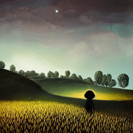 Image similar to giant black daisy flower over head, girl walking in wheat field, hills, surreal photography, dark night, star trails, dramatic light, impressionist painting, clouds, digital painting, artstation, simon stalenhag