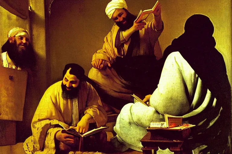 Image similar to the prophet mohammed reading salman rushdies book the satanic verses, being delighted and cheerful, whispering words of wisdom in solidarity, painted by frederick arthur bridgman and jan vermeer, oil on canvas