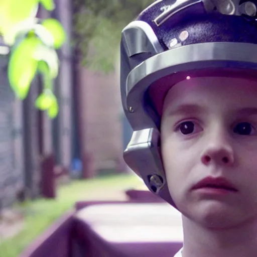 Image similar to movie still of a boy with a cyborg plants flowers helmet, cinematic composition, cinematic light, by edgar wright and david lynch