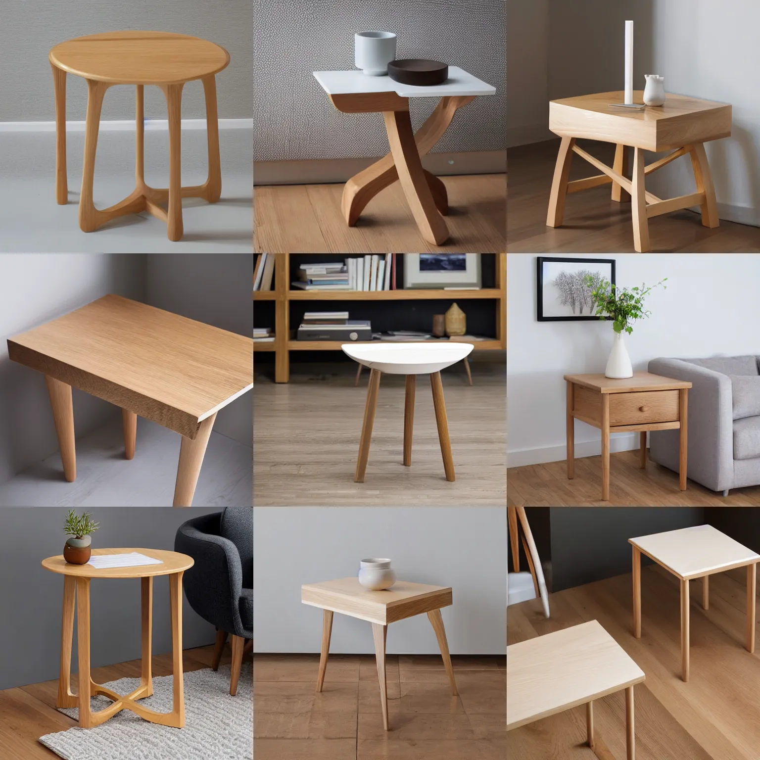 Prompt: studio photograph modern oak end table, flowing shapes, three legs, white background, oiled wood, hand-crafted scandinavian furniture, award-winning carpenter