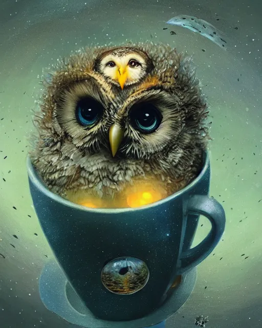 Image similar to long shot of a very cute owl chick nesting in a futuristic mug, esao andrews, humorous illustration, hyperrealistic, big depth of field, warm colors, whimsical cosmic night scenery, low light, 3 d octane render, 4 k, concept art, hyperdetailed, hyperrealistic, trending on artstation