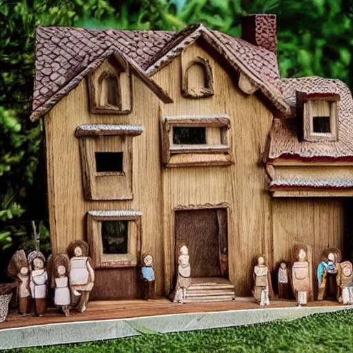 Prompt: a family made out of wood in a normal house