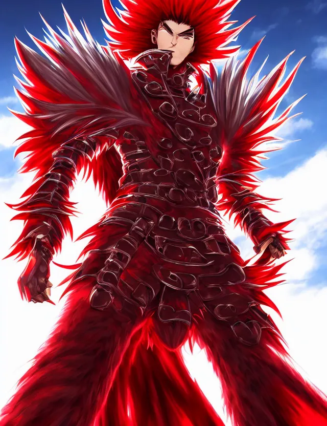 Image similar to a detailed manga portrait of a handsome tall man with spiked crimson hair in fiery crimson crystalline armour, trending on artstation, digital art, 4 k resolution, detailed, high quality, sharp focus, hq artwork, coherent, insane detail, character portrait
