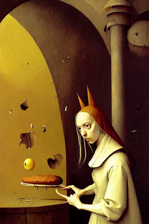 Image similar to hieronymus bosch, greg rutkowski, anna podedworna, painting of a brown haired dog eared girl with yellow blazer over a white dress who works at a bakery, close up portrait