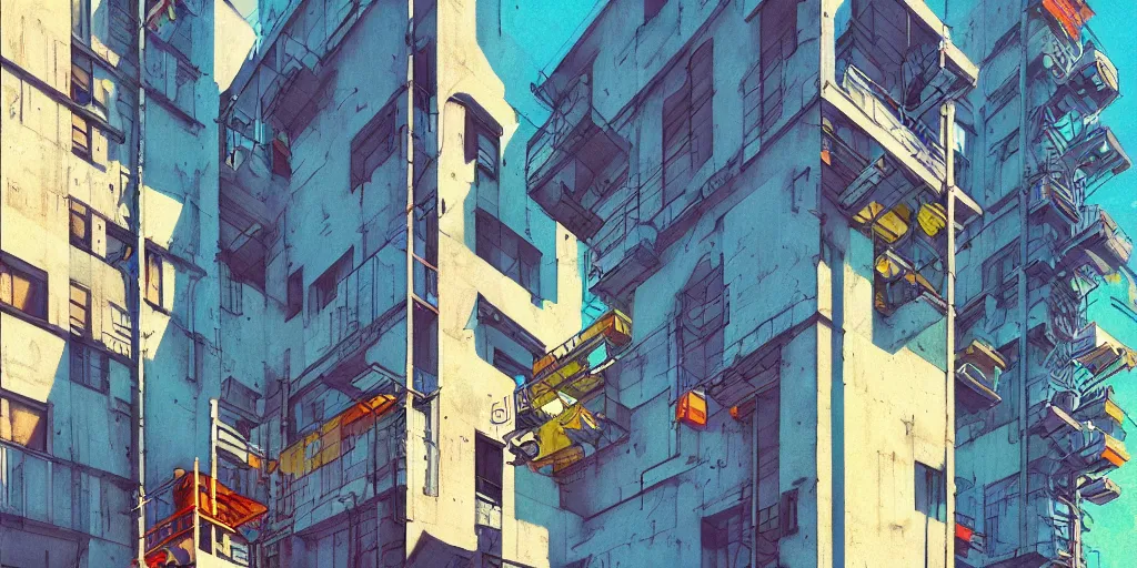 Image similar to neo brutralism, concrete housing, a long stairway going up, concept art, colorful, vivid colors, sunshine, light, shadows, reflections, oilpainting, cinematic, 3D, in the style of Akihiko Yoshida and Edward Hopper