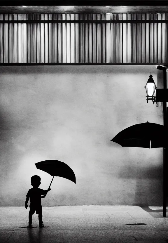 Image similar to little boy holding an umbrella in front of a bar at night, full moon, minimalist, black and white artwork