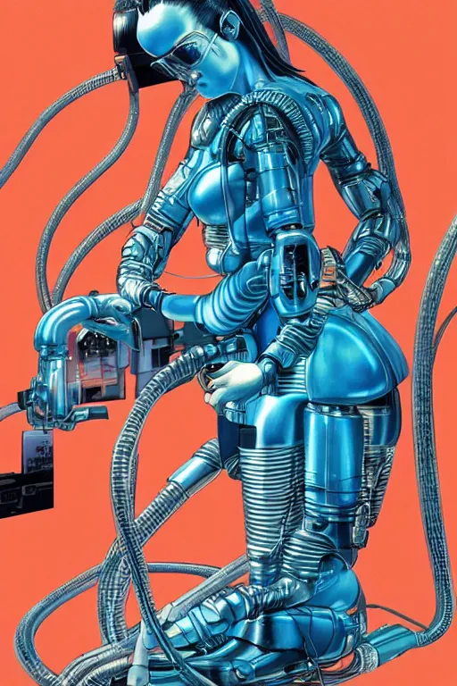 Image similar to a detailed airbrush cyberpunk illustration of a female android seated on the floor in a tech labor, seen from the side with her body open showing cables and wires coming out, by masamune shirow, hajime sorayama, boris vallejo and katsuhiro otomo, japan, 1980s, dark, colorful