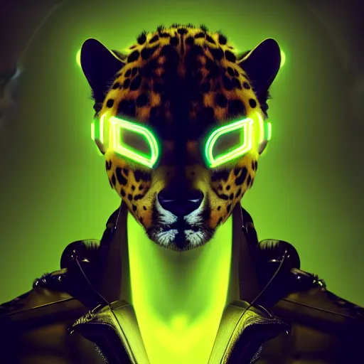 Image similar to a beautiful commission of a male anthropomorphic cheetah wearing a neon jacket,futuristic,detailed face,character design by charles bowater,mohawk,cyberpunk style,deviantart,artstation,art by greg rutkowski,ross tran,professional lighting,neon city,night,raytracing,rtx,highly realistic,4k,dramatic,hyperrealism