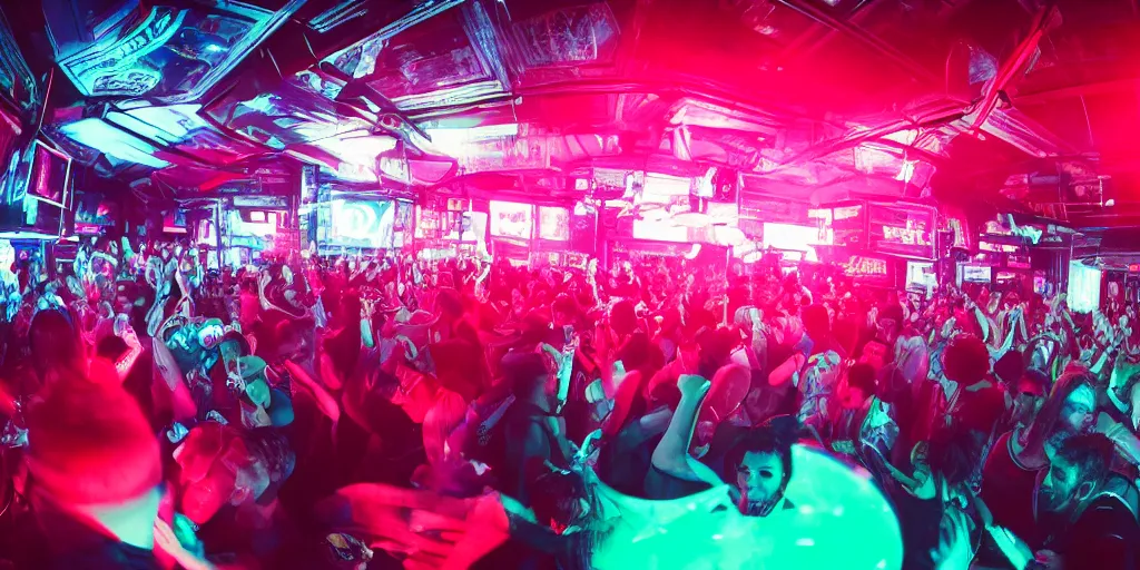 Image similar to a high quality wide angle photo inside the rave dance club of a futuristic cyberpunk city, dark, crowded, drinks, dancing, neon lights, realism, 8k