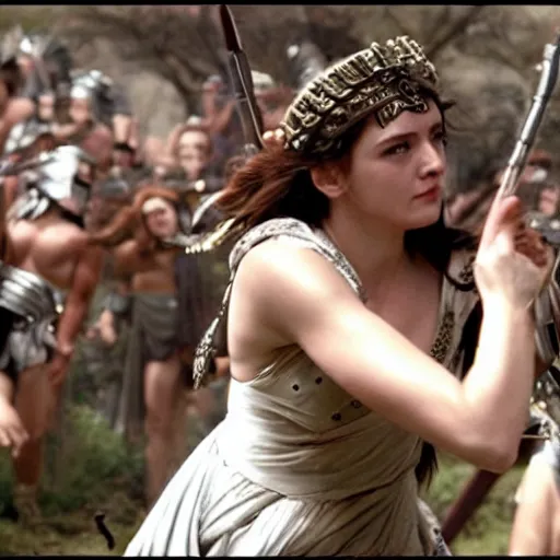 Image similar to the greek goddess athena in battle, scene from live action movie