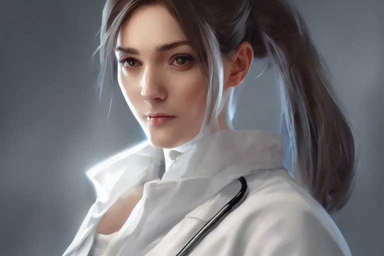 Image similar to a full portrait of an elegant and beautiful female doctor in a white coat in a hospital ward, cinematic, highly detailed, digital painting, artstation, concept art, matte, sharp focus, illustration, art by artgerm and greg rutkowski