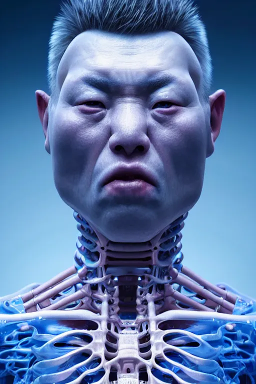 Image similar to hyperrealistic close-up pastel rococo exoskeleton! chinese man highly detailed concept art eric zener elson peter cinematic blue lighting high angle hd 8k sharp shallow depth of field