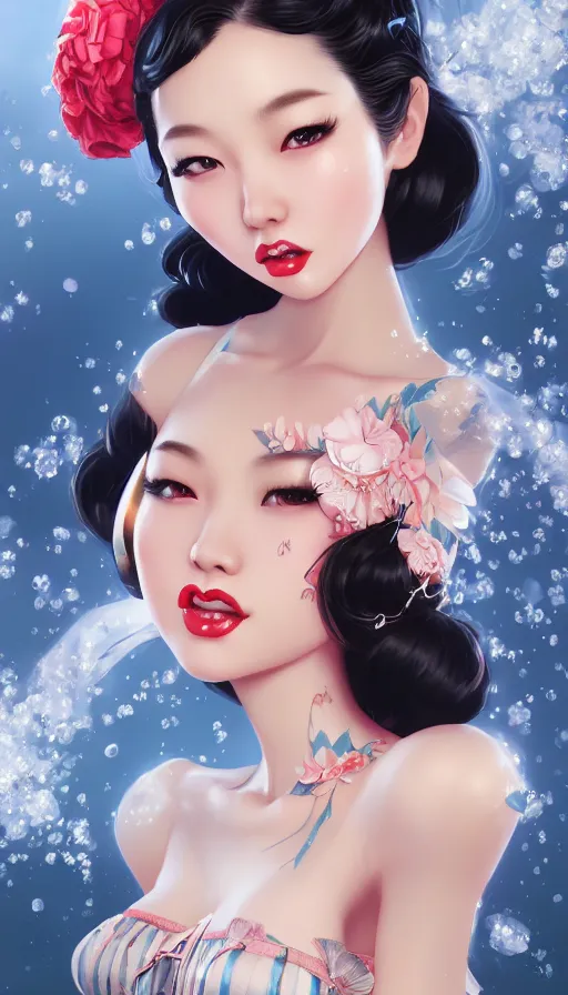 Image similar to a pin up and beautiful fashion and charming and dreamlke asian girl, lv jewelry, art by artgerm & jeehyung lee & wlop, hyperdetailed, 8 k realistic, symmetrical, frostbite 3 engine, cryengine, dof, trending on artstation, digital art