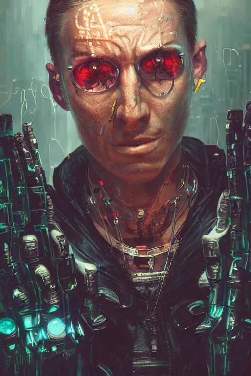 Image similar to illustration of an male cyberpunk character wearing bionic implants, criminal mugshot, gritty, gritty, highly detailed, oil on canvas, soft lighting, neon pastel colors, by WLOP and Greg Staples, HD, 4K