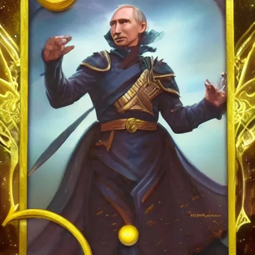 Image similar to a fully pictured magic the gathering card, depicting vladimir putin as a wizzard, 8 k