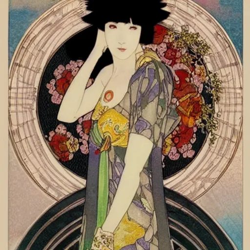 Image similar to beautiful drawaing in style of Mucha, Yasunari Ikenaga, Yamato, Macross, made by burning lava