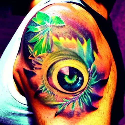 Image similar to shoulder tattoo of a multicolored psychedelic cute bush baby, eyes are colorful spirals, surrounded with colorful sparkeling flowers and irisdescent marihuana leaves, insanely integrate