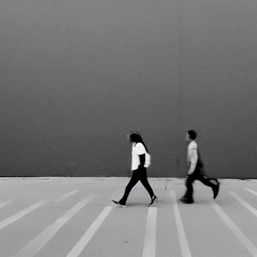 Prompt: black and white minimalist photo of three people walking on a street