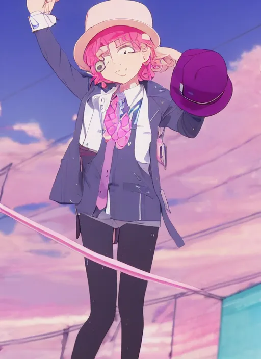 Image similar to a girl, with a wavy short pink hair and pink fedora hat, wearing a light pink jacket with a blue tie, purple gloves and blue jeans shorts. She is holding blue strings on her hand, rich vivid colors, ambient lighting, dynamic lighting, 4k, official media, anime key visual, makoto shinkai, ilya kuvshinov, lois van baarle, rossdraws, detailed, trending on artstation