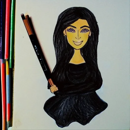 Image similar to Kim Kardashian, poorly drawn and colored in wax crayon by a five-year old