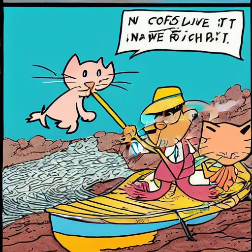 Image similar to cartoon cat fishing in a river while in a boat, cartoon network, illustrated by Bill Watterson in stunning color