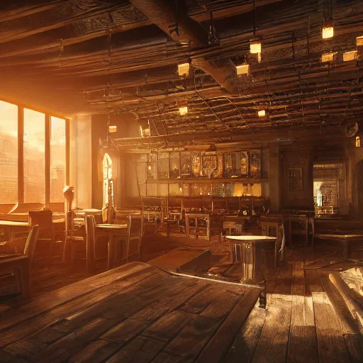 Image similar to ultra mega super hyper realistic Digital concept interior design of Cyberpunk tavern mixed with medieval style. Natural sunlight from the transperient roof . Rendered in VRAY and DaVinci Resolve and MAXWELL and LUMION 3D, Volumetric natural light