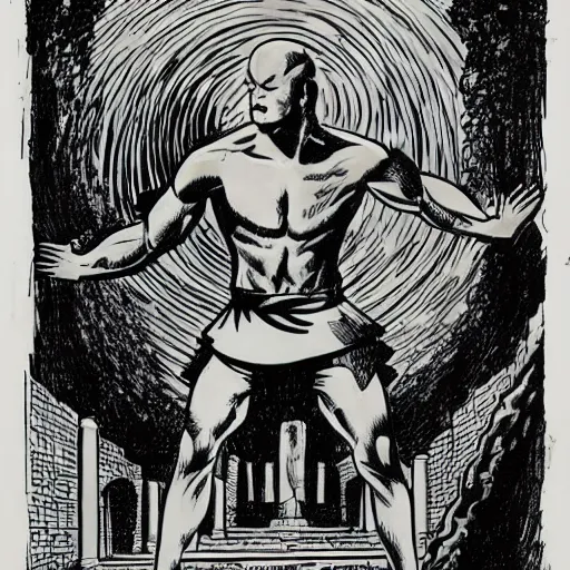 Image similar to a water temple with a shaolin bender, by steve ditko