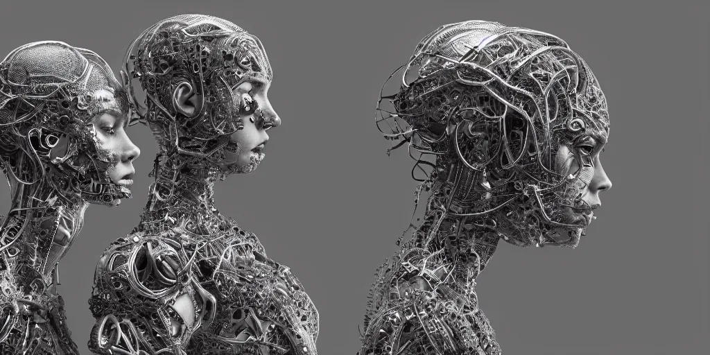Image similar to hyper realistic photography of a stunningly cyborg female and male, intimate, intricate filigree, in the style of beth cavener, jin kagetsu, and wlop, highly detailed, chrome face symmetry, masterpiece, award - winning, sharp focus, concept art, high key, ambient lighting, 8 k, octane render,