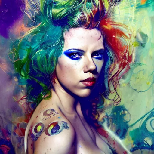 Image similar to drunken scarlett johansson as delirium from sandman, one green eye and one blue eye, hallucinating colorful soap bubbles, by jeremy mann, by sandra chevrier, by dave mckean and richard avedon and maciej kuciara, 1 9 8 0's, punk rock, tank girl, high detailed, 8 k