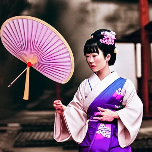 Image similar to Japanese geisha with beautiful violet paper fan, 4k photography, 30 mm lens, cinematic light, warm atmosphere, in style of Kar Wai Wong, cigarette smoke trail