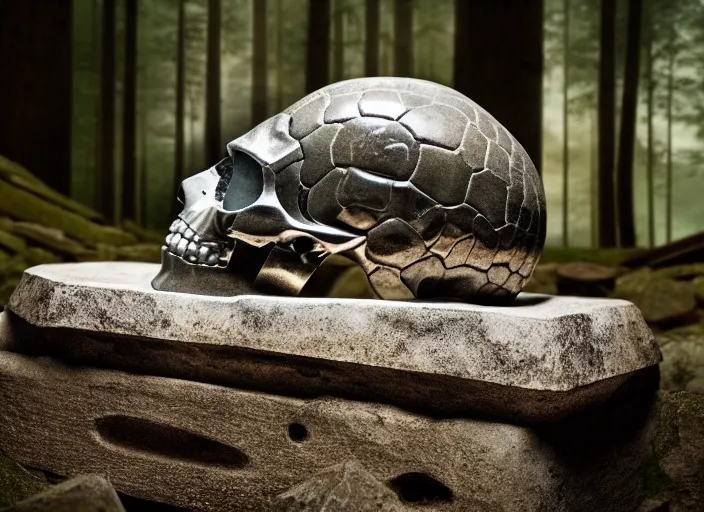 Image similar to crystal skull encased in a crystal box On a pedestal in ancient ruins in the forest. Fantasy horror style. Highly detailed 8k. Intricate. Nikon d850 55mm. Award winning photography.