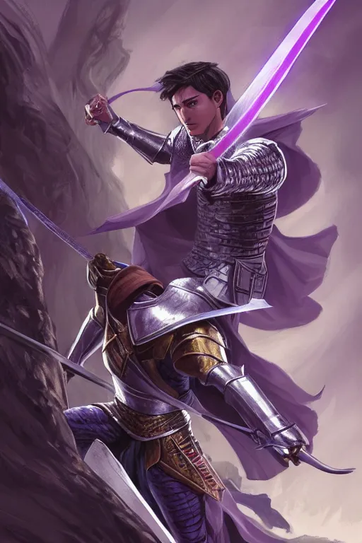 Image similar to comic book drawing of a handsome knight holding magical sword, purple energy, highly detailed, d & d, fantasy, highly detailed, digital painting, trending on artstation, concept art, sharp focus, illustration, global illumination, ray tracing, realistic shaded, art by artgerm and greg rutkowski and fuji choko and viktoria gavrilenko and hoang lap