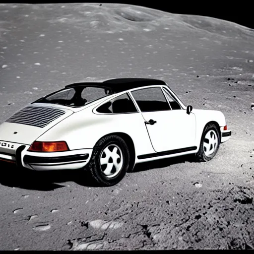 Prompt: vintage photo of a porsche 911 on the moon. apollo moon landing