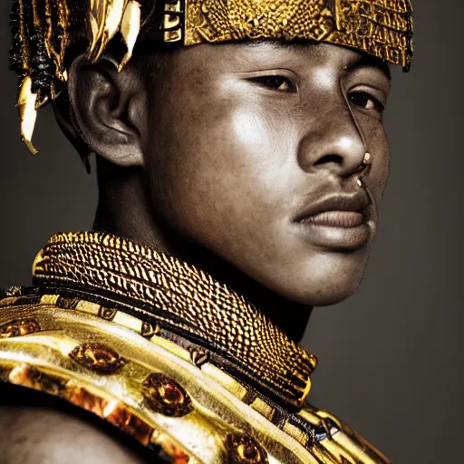 Image similar to a portrait of a beautiful young tribal male wearing an alexander mcqueen armor , photographed by andrew thomas huang, artistic