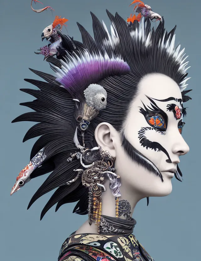 Image similar to 3 d goddess close - up profile portrait punk with mohawk with ram skull. beautiful intricately detailed japanese crow kitsune mask and clasical japanese kimono. betta fish, jellyfish phoenix, bio luminescent, plasma, ice, water, wind, creature, artwork by tooth wu and wlop and beeple and greg rutkowski