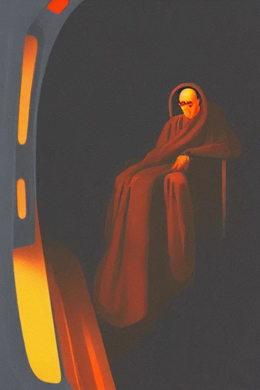 Image similar to portrait of a blind monk in a spaceship, looking out the window, orange robe, dramatic lighting, artstation, matte painting, ralph mcquarrie