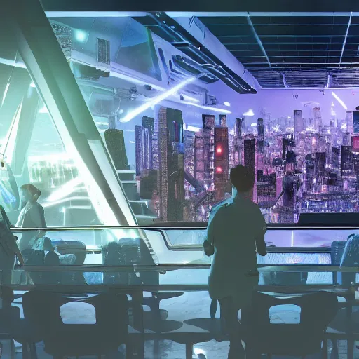 Image similar to large group people in a huge warehouse, looking at hologram of futuristic city on a table | cinematic concept art | godrays | 4 k | clear details | tabletop model | tabletop | hologram foreground