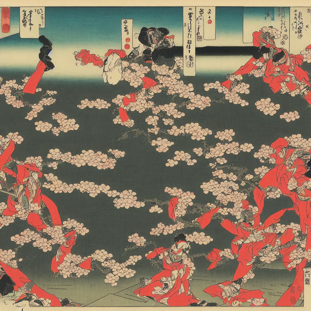 Image similar to Robots fighting in front of Mt Fuji, cherry blossoms, Ukiyo-e by Utagawa Kuniyoshi