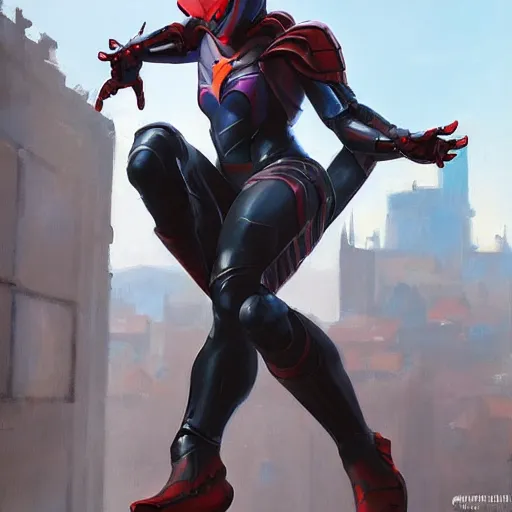 Image similar to greg manchess portrait painting of an armored dark female ironman spiderman as overwatch character, medium shot, asymmetrical, profile picture, organic painting, sunny day, matte painting, bold shapes, hard edges, street art, trending on artstation, by huang guangjian, gil elvgren, ruan jia, greg rutkowski, gaston bussiere