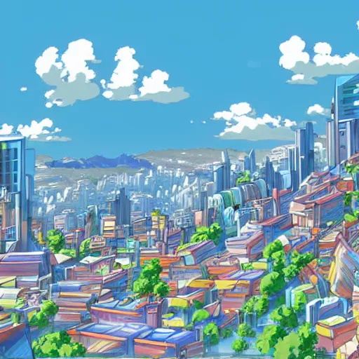 Image similar to futuristic city on a mountainside, colorful city, megacity, clouds on mountain, buildings on mountainside, cel - shading, cel - shaded, 2 0 0 1 anime, bright sunshine